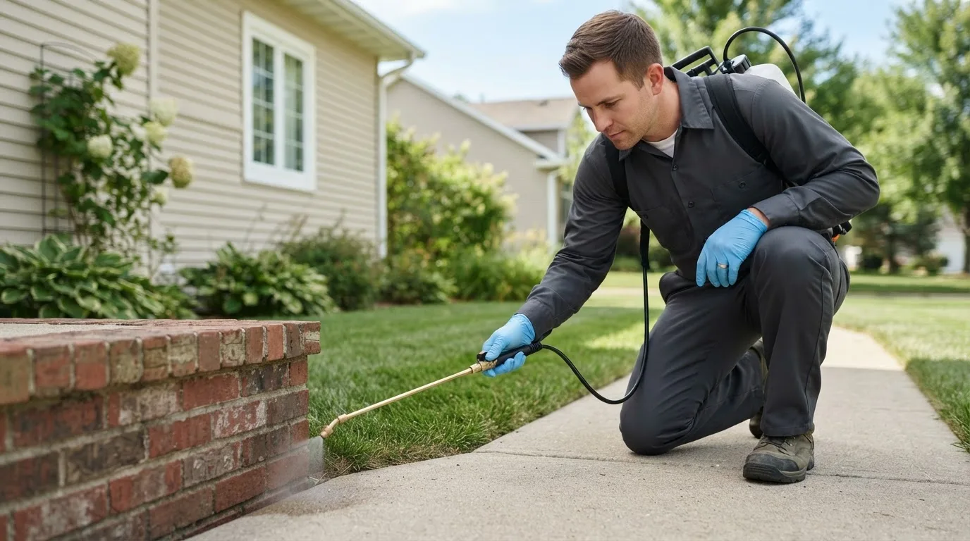 Pest control technician treating a home near New Glarus, WI